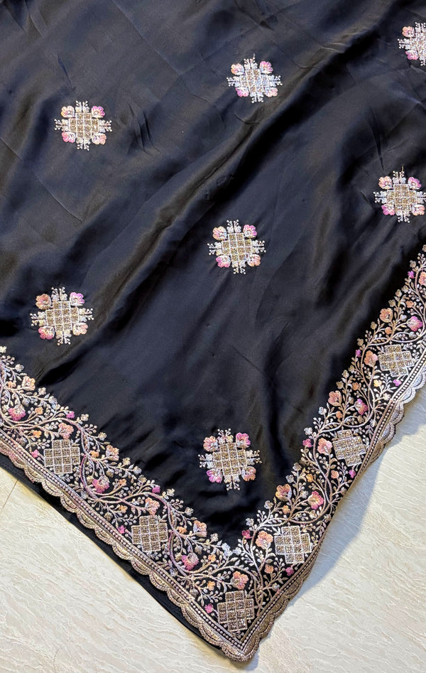 The Kaashvi Riva: Midnight Black Georgette Saree with Embroidered Scallop Border