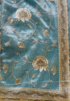 The Meher Riva: Dusty Slate Blue Embroidered Net Saree with Scalloped Border