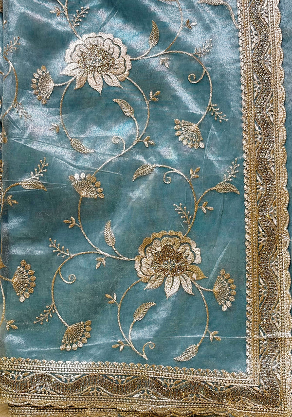 The Meher Riva: Dusty Slate Blue Embroidered Net Saree with Scalloped Border