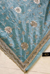 The Meher Riva: Dusty Slate Blue Embroidered Net Saree with Scalloped Border