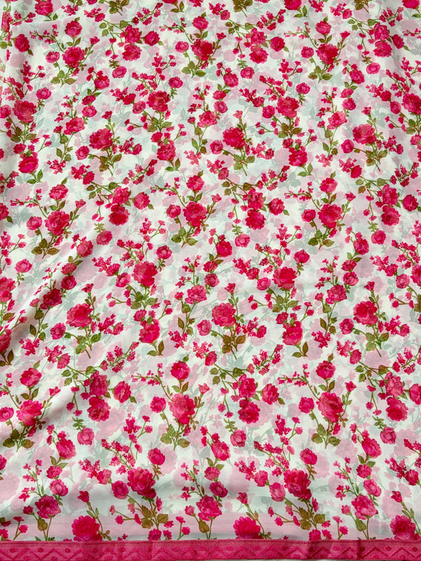 The Rose Riva: Ivory & Rose Pink Floral Printed Saree