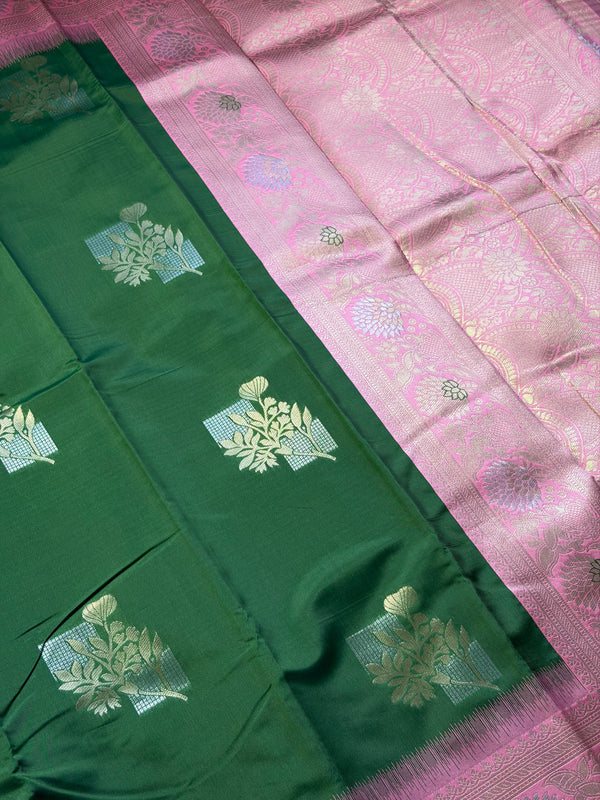 The Emerald Orchard: Bottle Green Silk Saree with Pastel Pink Kanjivaram-Inspired Border