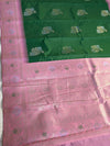 The Emerald Orchard: Bottle Green Silk Saree with Pastel Pink Kanjivaram-Inspired Border