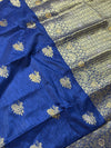 The Royal Crest: Royal Blue Raw Silk Saree with Ornate Gold Banarasi Border