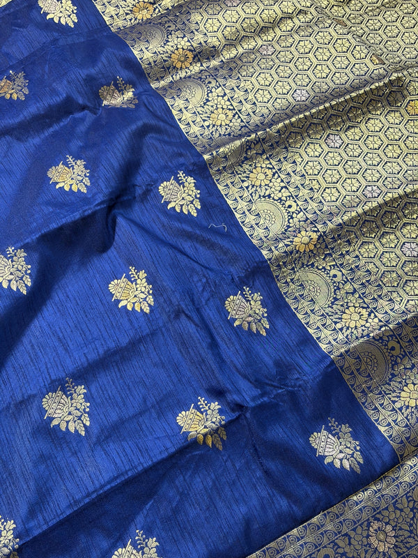 The Royal Crest: Royal Blue Raw Silk Saree with Ornate Gold Banarasi Border