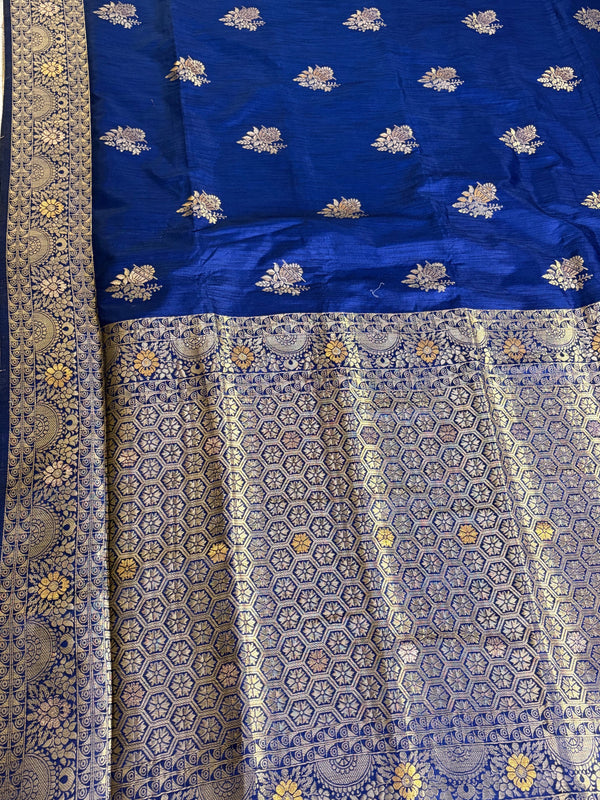The Royal Crest: Royal Blue Raw Silk Saree with Ornate Gold Banarasi Border