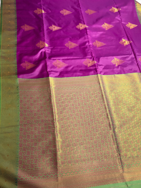 The Orchid Grove: Deep Magenta Satin Silk Saree with Olive Green Zari Border