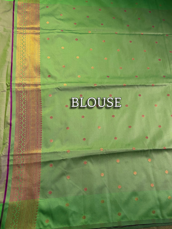 The Orchid Grove: Deep Magenta Satin Silk Saree with Olive Green Zari Border