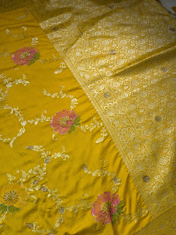The Marigold Bower: Mustard Yellow Silk Saree with Pastel Pink Meenakari Florals