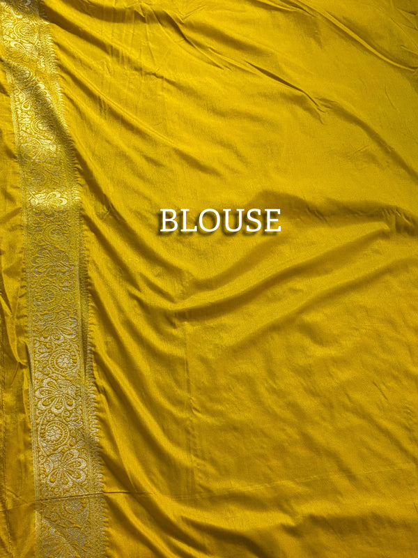 The Marigold Bower: Mustard Yellow Silk Saree with Pastel Pink Meenakari Florals