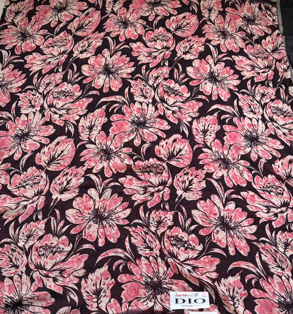 The Espresso Blossom: Dark Brown Premium Chiffon-Blend Saree with Vintage Floral Print
