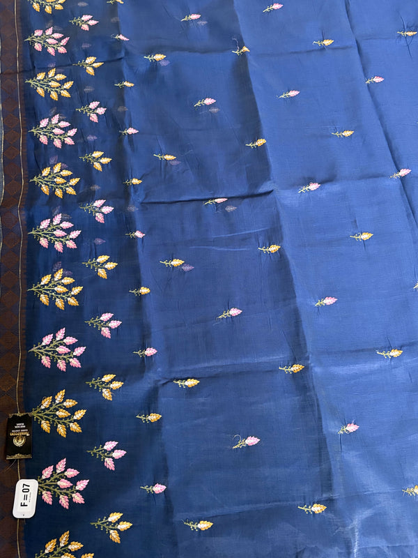 The Indrani Riva: Slate Navy Handloom Cotton Saree with Floral Sprig Embroidery