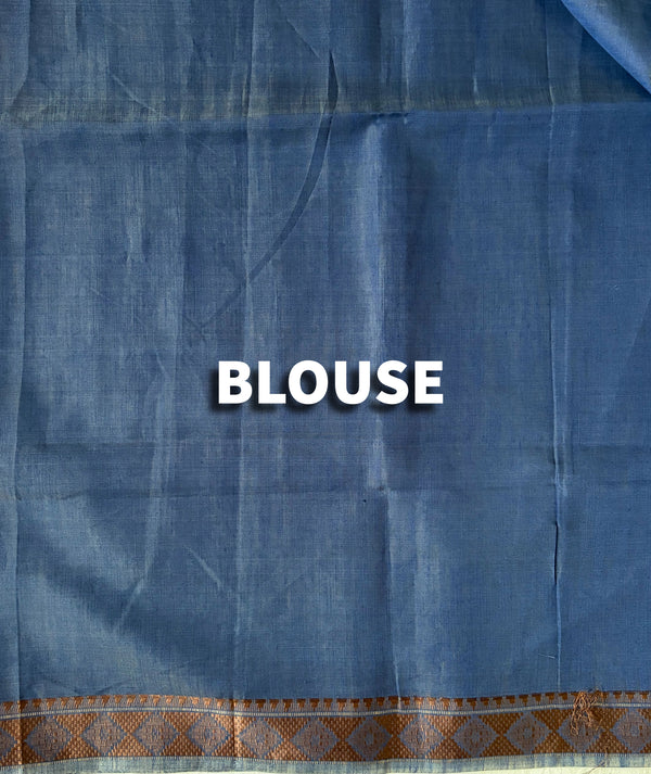 The Indrani Riva: Slate Navy Handloom Cotton Saree with Floral Sprig Embroidery