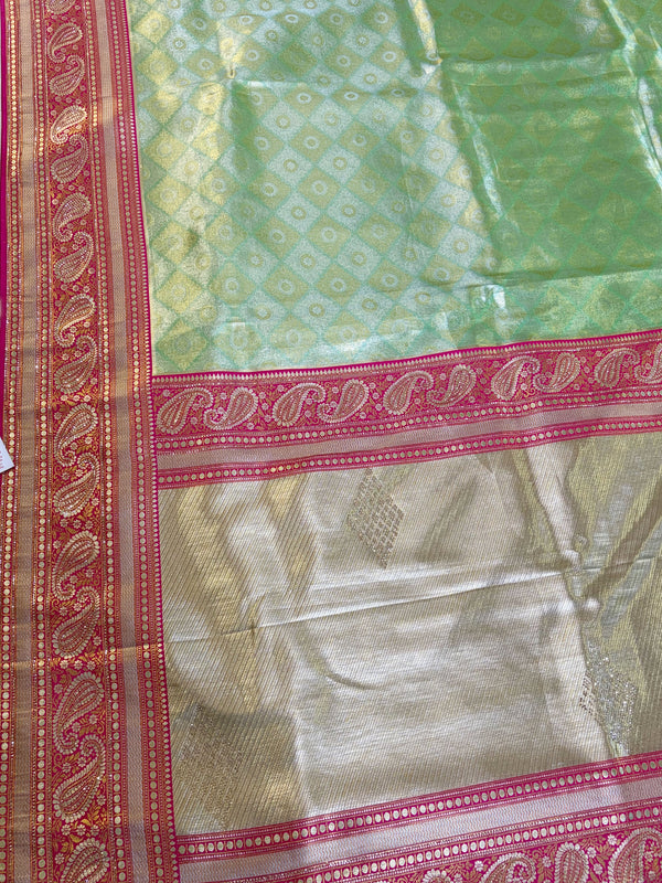 The Mrinmayi Vilasa: Sage Mint & Wine Banarasi Tissue Silk Saree