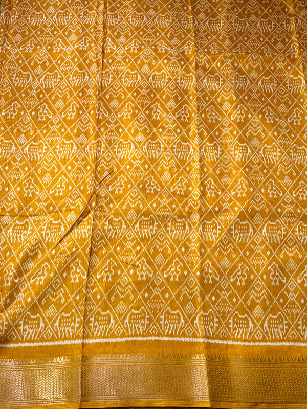 The Mustard Avani: Ochre & Sage Raw Silk Printed Saree