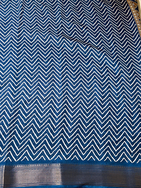 The Indigo Yamuna: Prussian Blue & Ochre Raw Silk Printed Saree