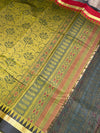 The Mosswood Loom: Olive Green Printed Cotton Saree with Traditional Temple Borders