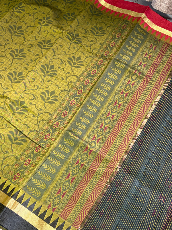 The Mosswood Loom: Olive Green Printed Cotton Saree with Traditional Temple Borders