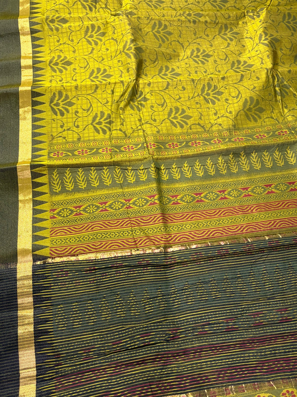 The Mosswood Loom: Olive Green Printed Cotton Saree with Traditional Temple Borders