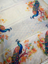 The Mayura Glade: Beige Tussar Silk Linen Saree with Hand-Painted Peacock Motifs