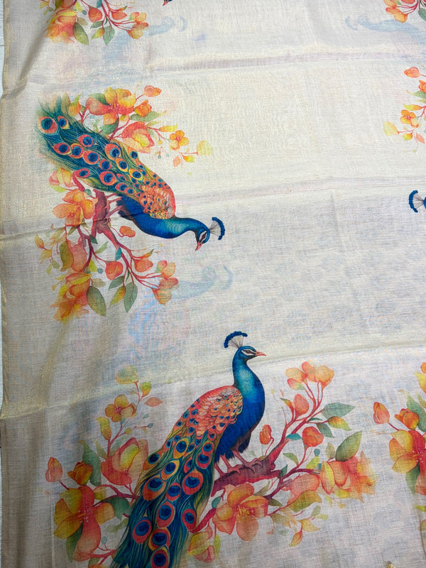 The Mayura Glade: Beige Tussar Silk Linen Saree with Hand-Painted Peacock Motifs