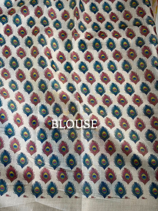 The Mayura Glade: Beige Tussar Silk Linen Saree with Hand-Painted Peacock Motifs