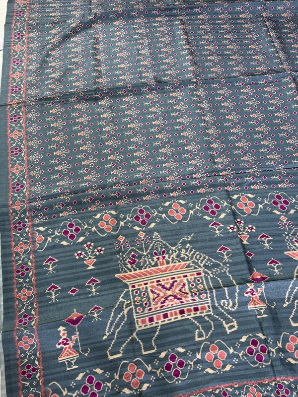 The Slate Heritage: Steel Grey Cotton Silk Saree with Madhubani & Kalamkari-Inspired Folk Art