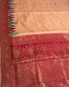 The Amber Ikat Temple: Warm Peach Tussar Linen Silk Saree with Crimson Zari Border