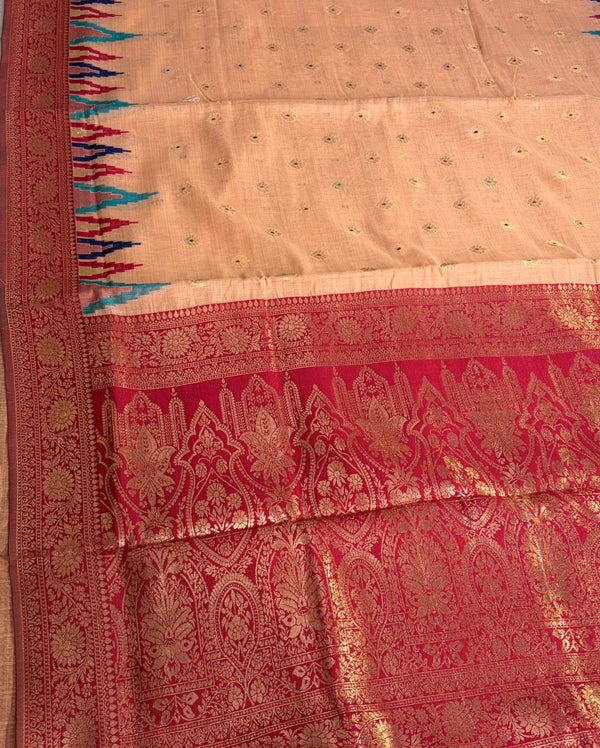 The Amber Ikat Temple: Warm Peach Tussar Linen Silk Saree with Crimson Zari Border