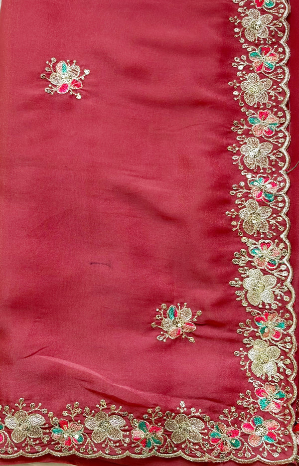 The Tarika Riva: Rust Terracotta Georgette Saree with Sequin Embroidered Border
