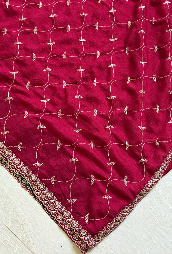 The Ragini Riva: Crimson Maroon Threadwork Embroidered Saree