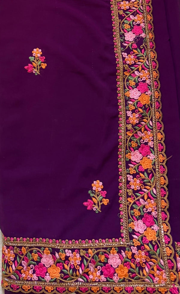 The Manjari Riva: Royal Plum & Floral Threadwork Embroidered Saree