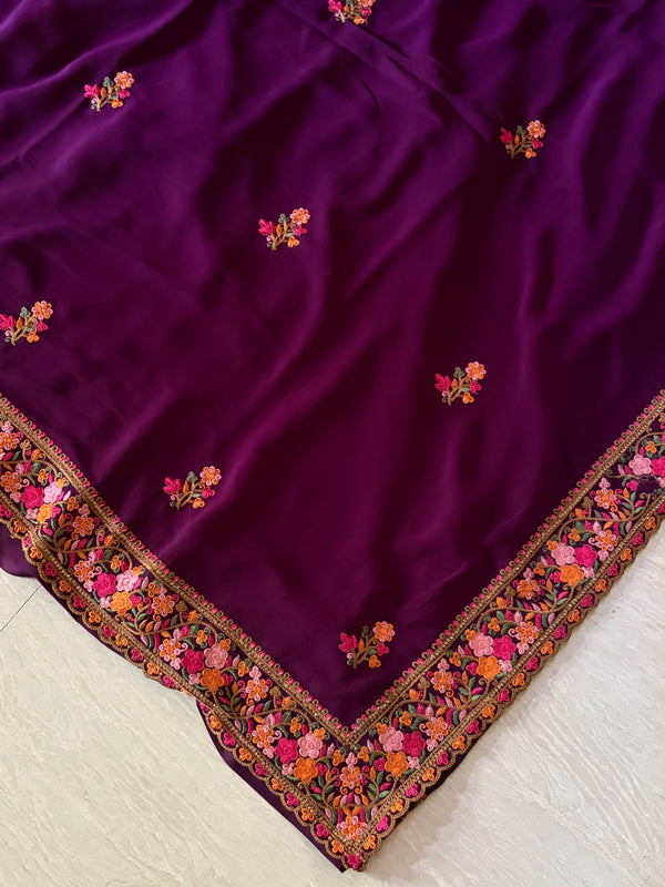 The Manjari Riva: Royal Plum & Floral Threadwork Embroidered Saree