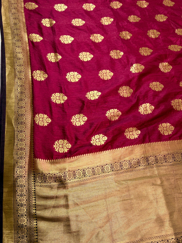The Rajeshwari Vilasa: Deep Maroon & Antique Gold Woven Saree