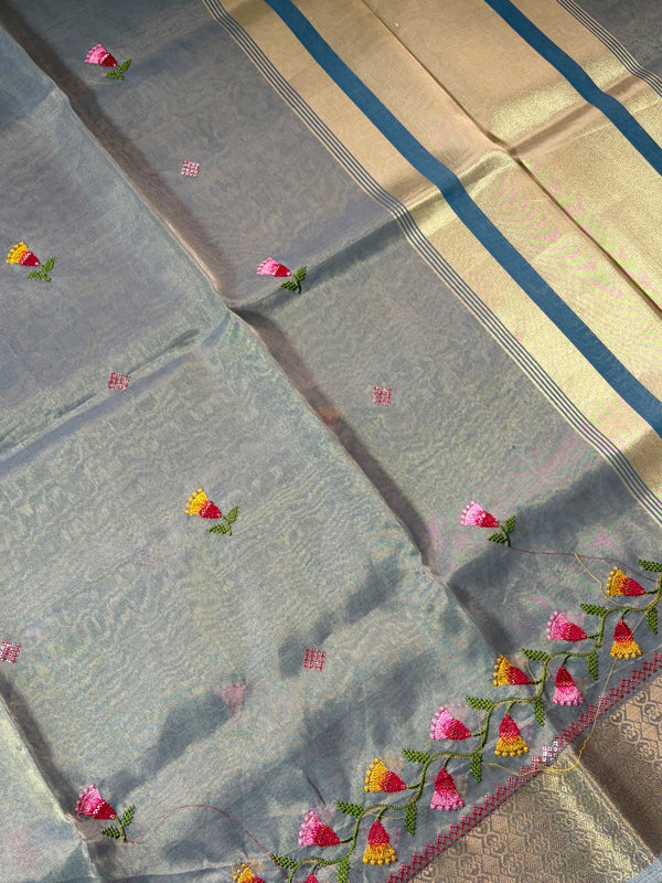 The Ashani Malini: Sterling Grey & Gold Tissue Cotton Saree