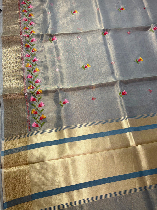 The Ashani Malini: Sterling Grey & Gold Tissue Cotton Saree