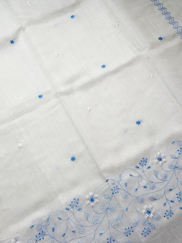 The Ivory Nila: Pure White & Powder Blue Embroidered Cotton Saree