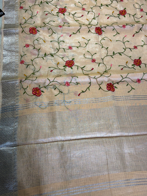 The Charu Malini: Pastel Peach Embroidered Linen Saree