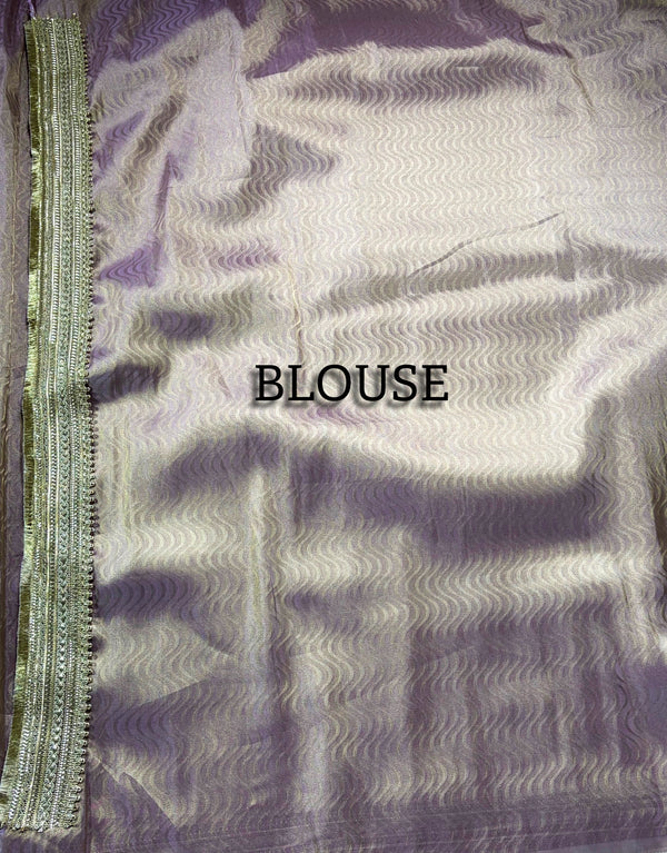 The Rose Quartz Shimmer: Metallic Mauve Tissue Silk Saree with Chevron Texture