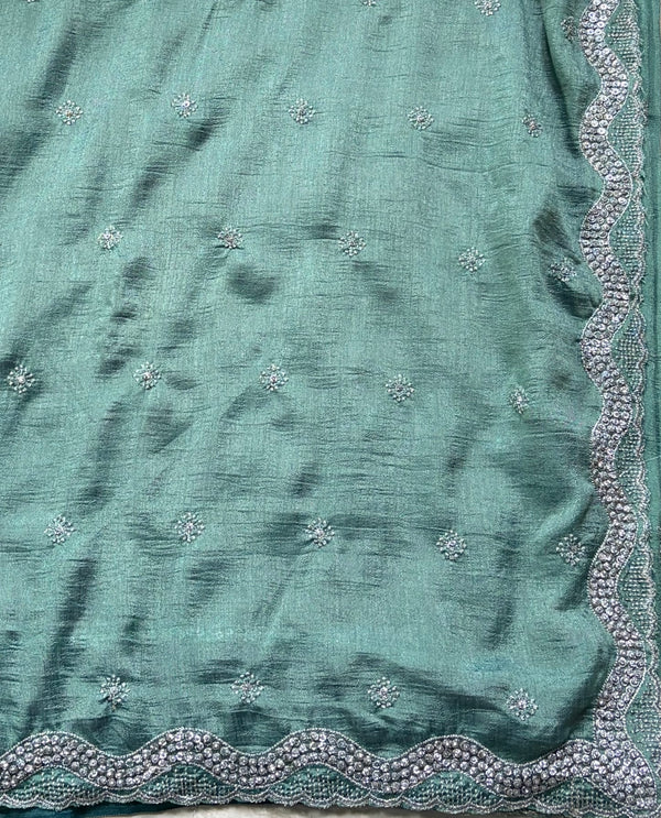 The Sage Horizon: Sea Green Textured Georgette Saree with Scalloped Moti & Cutdana Work Border