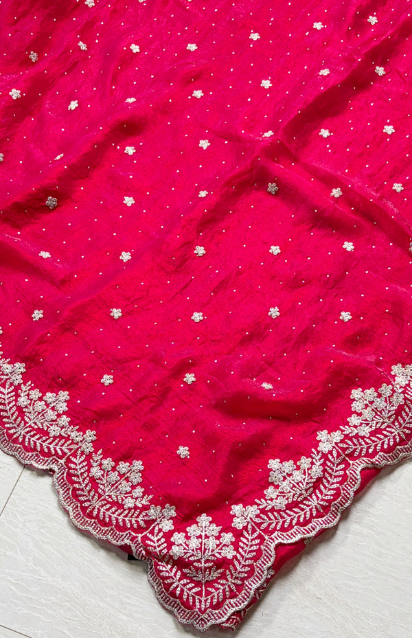 The Crimson Gala: Deep Rani Pink Georgette Saree with Scalloped Thread Work Border