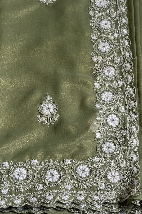 The Olive Blossom: Olive Green Georgette Saree with Scalloped Chikankari-Style Embroidery