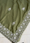 The Olive Blossom: Olive Green Georgette Saree with Scalloped Chikankari-Style Embroidery
