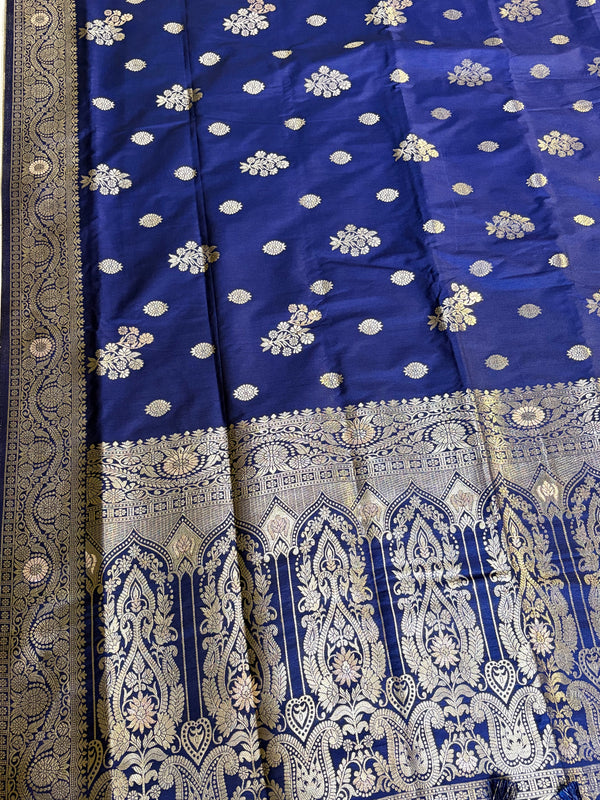 The Devyani Vilasa: Royal Navy Blue & Antique Gold Zari Raw Silk Saree