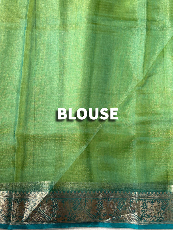 The Shambhavi Vilasa: Lime Green Floral Embroidered Tissue Organza Saree