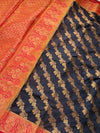 The Empress Registry: Coal Black Raw Silk Saree with Ornate Crimson and Gold Banarasi Border