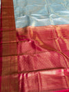 The Silver Frost: Pastel Silver-Blue Kanchipuram Silk Saree with Vermilion Red Zari Border
