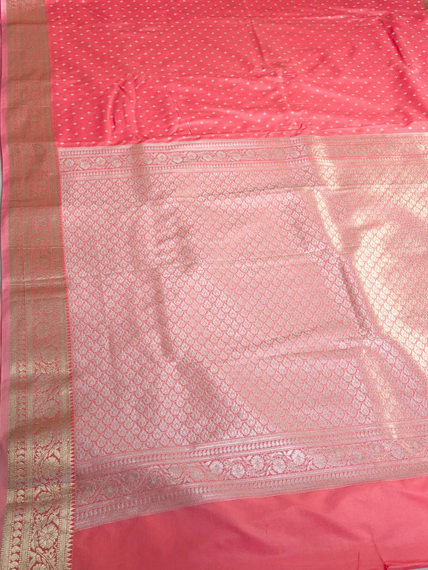 The Coral Luster: Peach-Salmon Katan Silk Saree with Kanchipuram Zari Butta