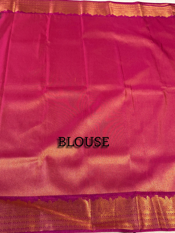 The Emerald Empress: Deep Bottle Green Kanchipuram Silk Saree with Magenta Brocade Blouse