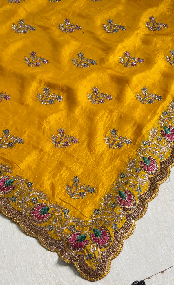 The Gilded Sunflower: Mustard Yellow Silk-Chiffon Saree with Scalloped Zardosi Border
